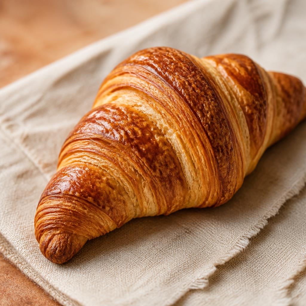 A golden, flaky croissant on a linen napkin